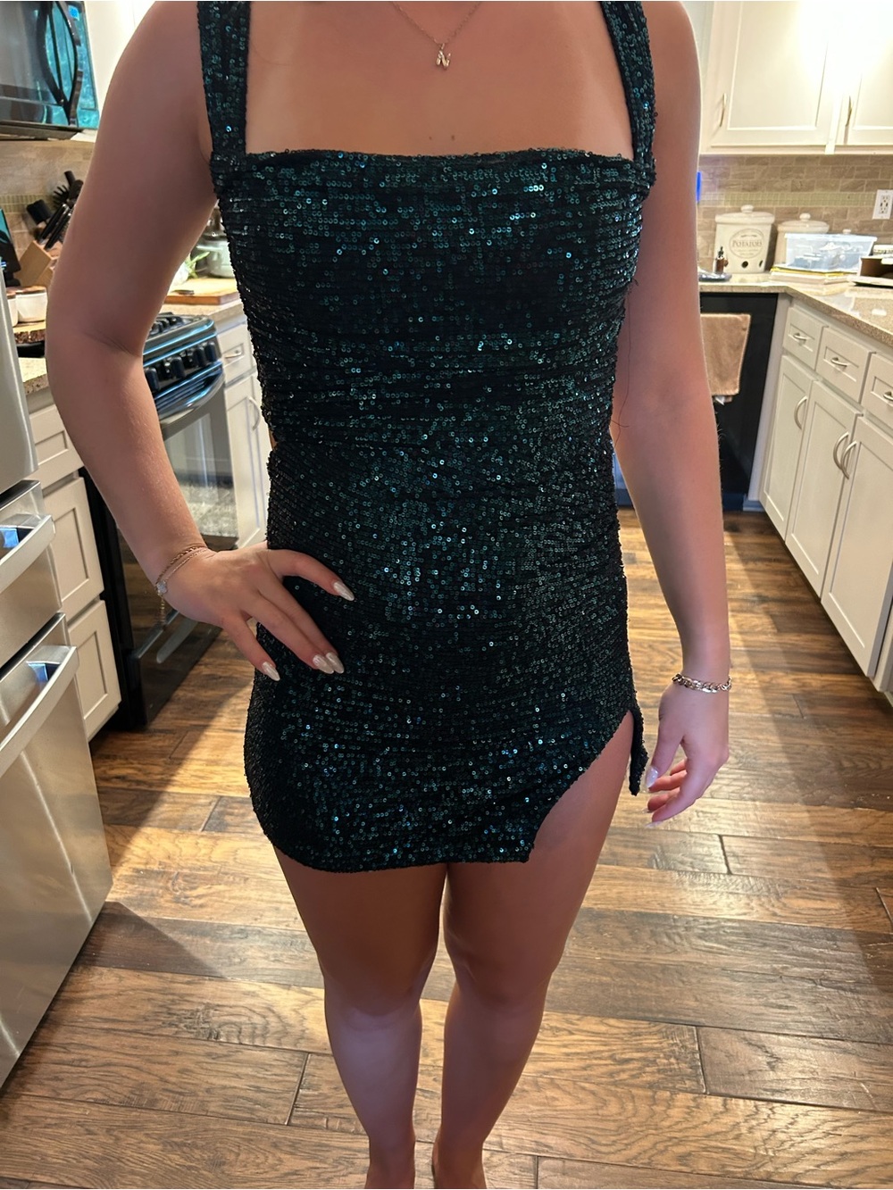 Sequined Strappy mini homecoming Dress in Dark Green
